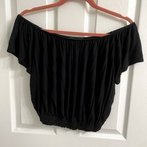 F21 Off Shoulder Flowy Cinched Waist Short Sleeve Soft Black Crop Top